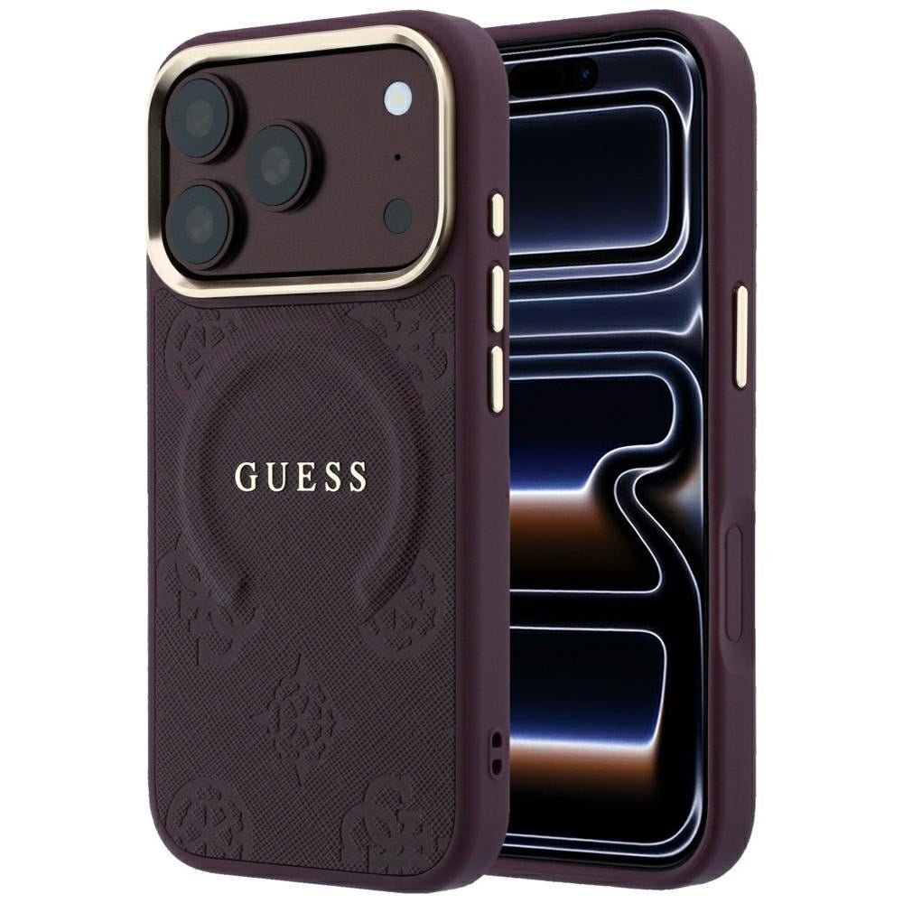 Guess iPhone 18 Pro / iPhone 17 Pro - Σκληρή Θήκη με Επένδυση Συνθετικού Δέρματος MagSafe - Saffiano Peony and Ring - Burgundy