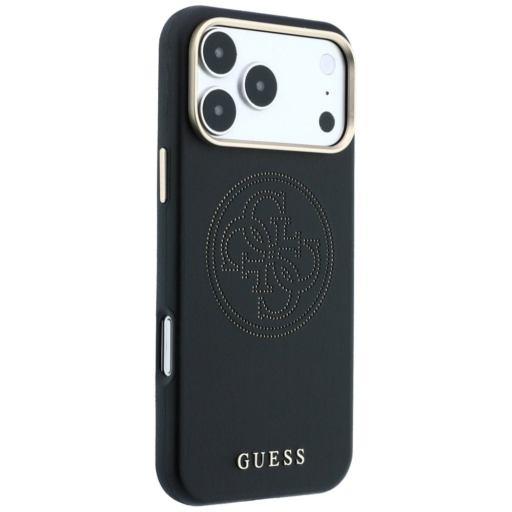 Guess iPhone 18 Pro / iPhone 17 Pro - Θήκη με Επένδυση Συνθετικού Δέρματος MagSafe - Perforated 4G Gold Logo - Black