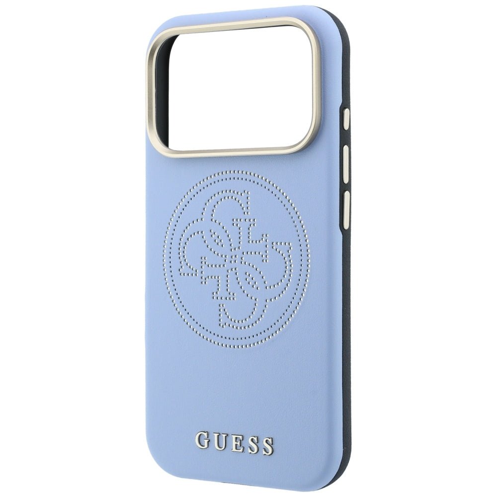 Guess iPhone 18 Pro / iPhone 17 Pro - Θήκη με Επένδυση Συνθετικού Δέρματος MagSafe - Perforated 4G Gold Logo - Light Blue
