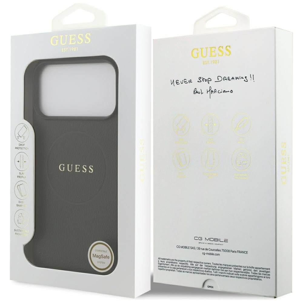 Guess iPhone 18 Pro Max / iPhone 17 Pro Max - Σκληρή Θήκη από Οικολογικό Δέρμα MagSafe - Grained Gold Ring - Black