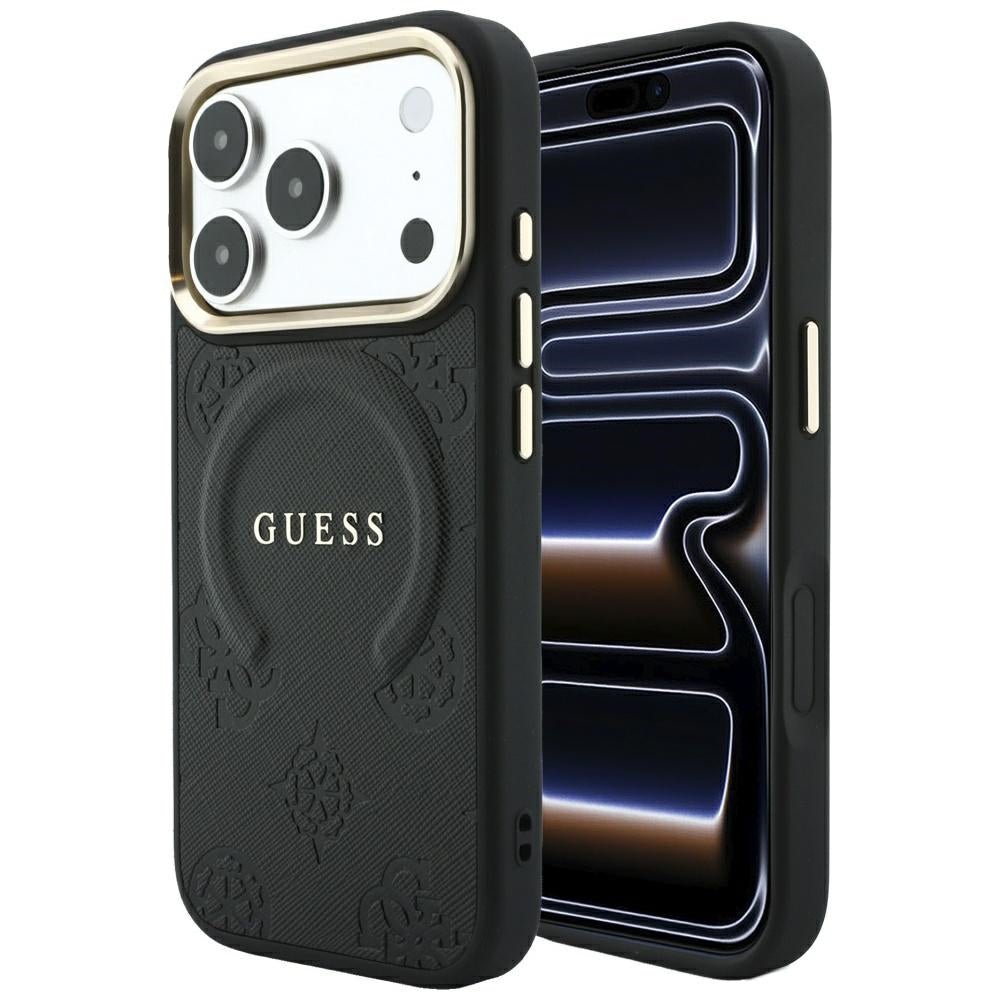 Guess iPhone 18 Pro Max / iPhone 17 Pro Max - Σκληρή Θήκη με Επένδυση Συνθετικού Δέρματος MagSafe - Saffiano Peony and Ring - Black