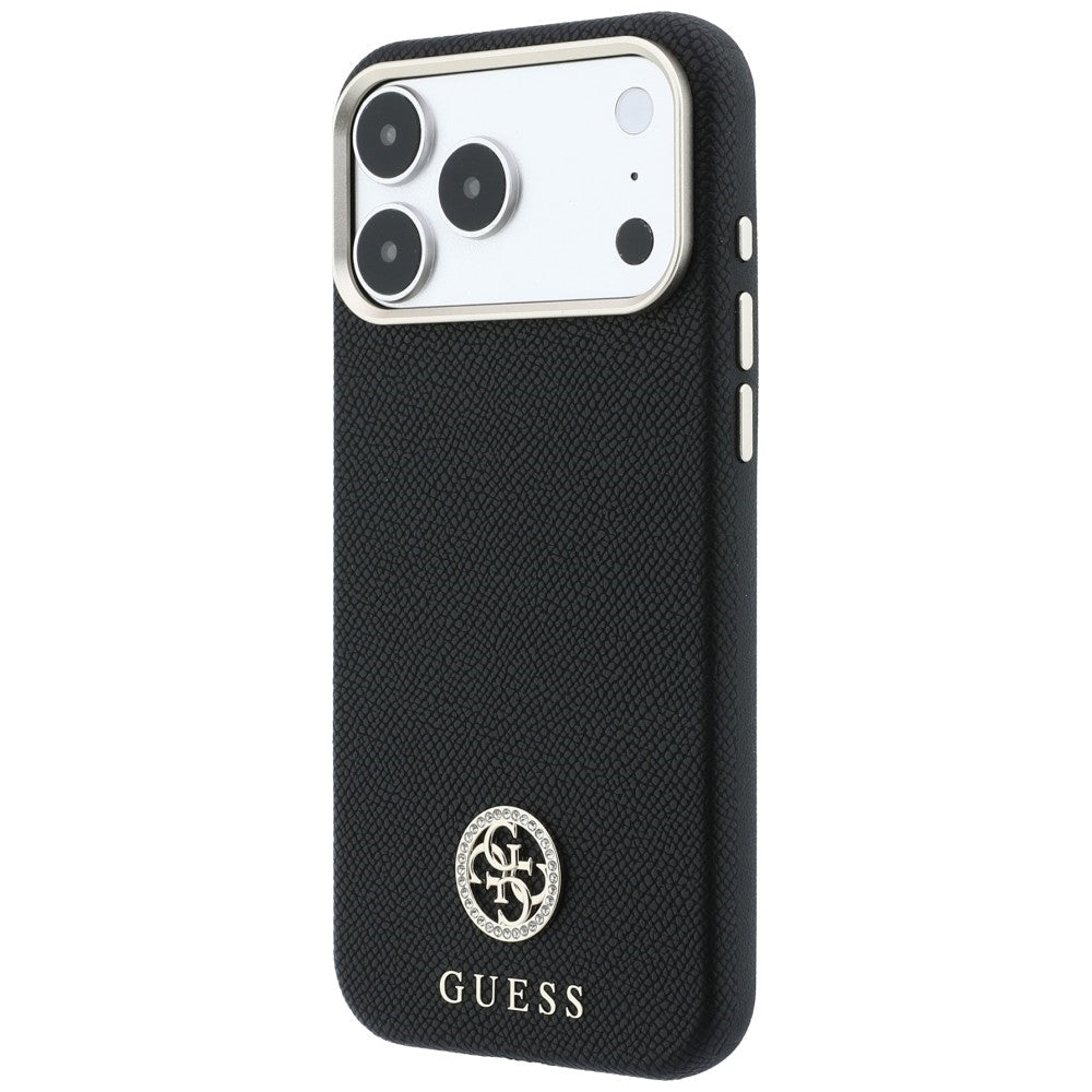 Guess iPhone 18 Pro Max / iPhone 17 Pro Max- Σκληρή Θήκη με Πλαίσιο Σιλικόνης και Συνθετικό Δέρμα MagSafe - Grained Round Strass Logo - Black