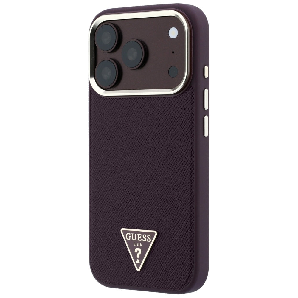 Guess iPhone 18 Pro Max / iPhone 17 Pro Max - Σκληρή Θήκη με Πλαίσιο Σιλικόνης και Συνθετικό Δέρμα MagSafe - Grained Triangle Logo - Burgundy
