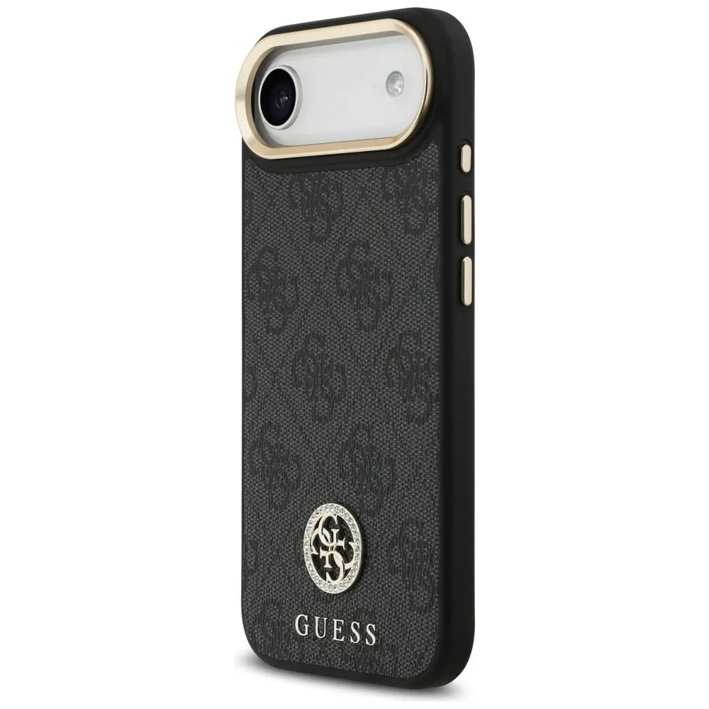 Guess iPhone Air - 4G Strass Logo and Big Strap Metal Buttons MagSafe - Θήκη με Επένδυση Συνθετικού Δέρματος και Λουράκι - Black