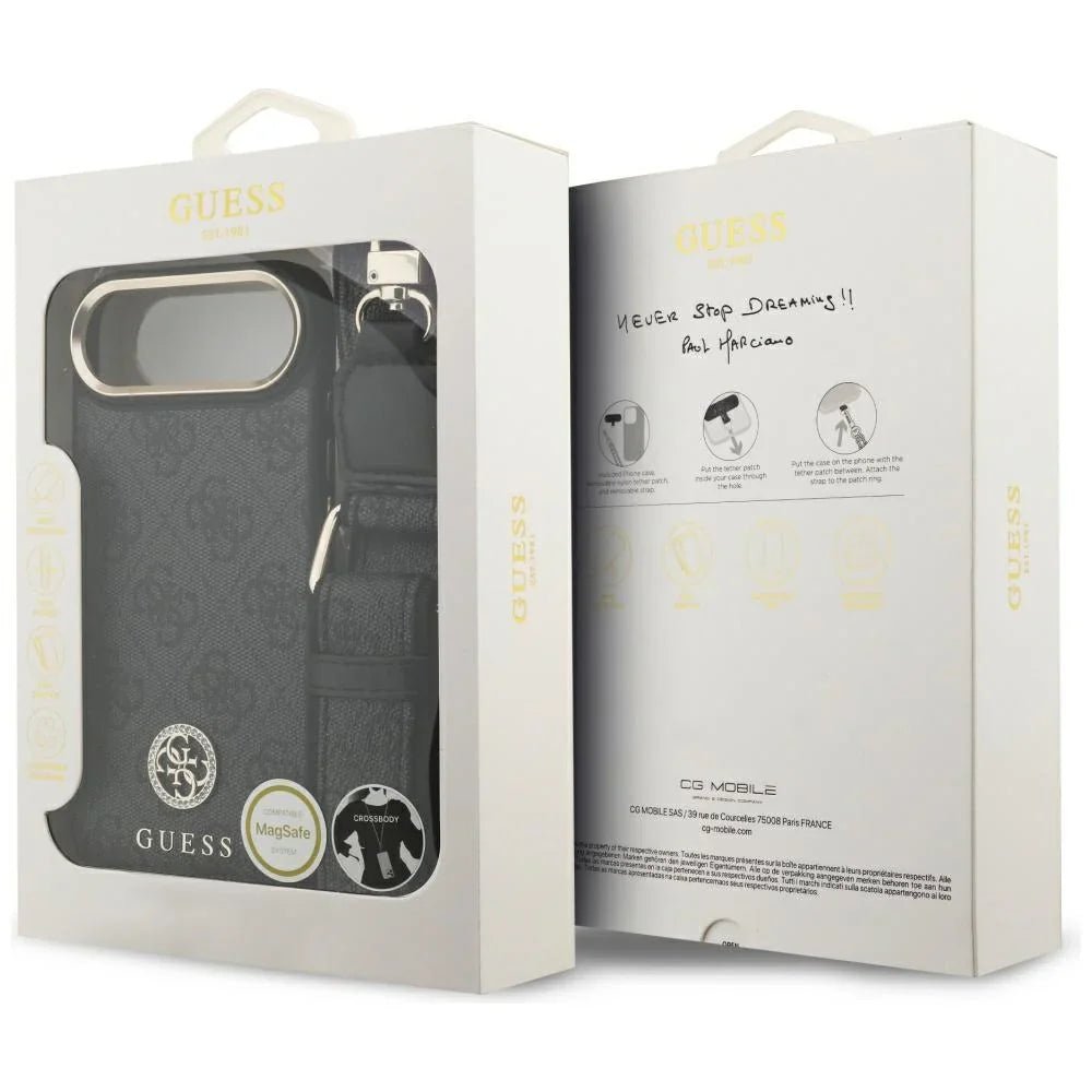 Guess iPhone Air - 4G Strass Logo and Big Strap Metal Buttons MagSafe - Θήκη με Επένδυση Συνθετικού Δέρματος και Λουράκι - Black