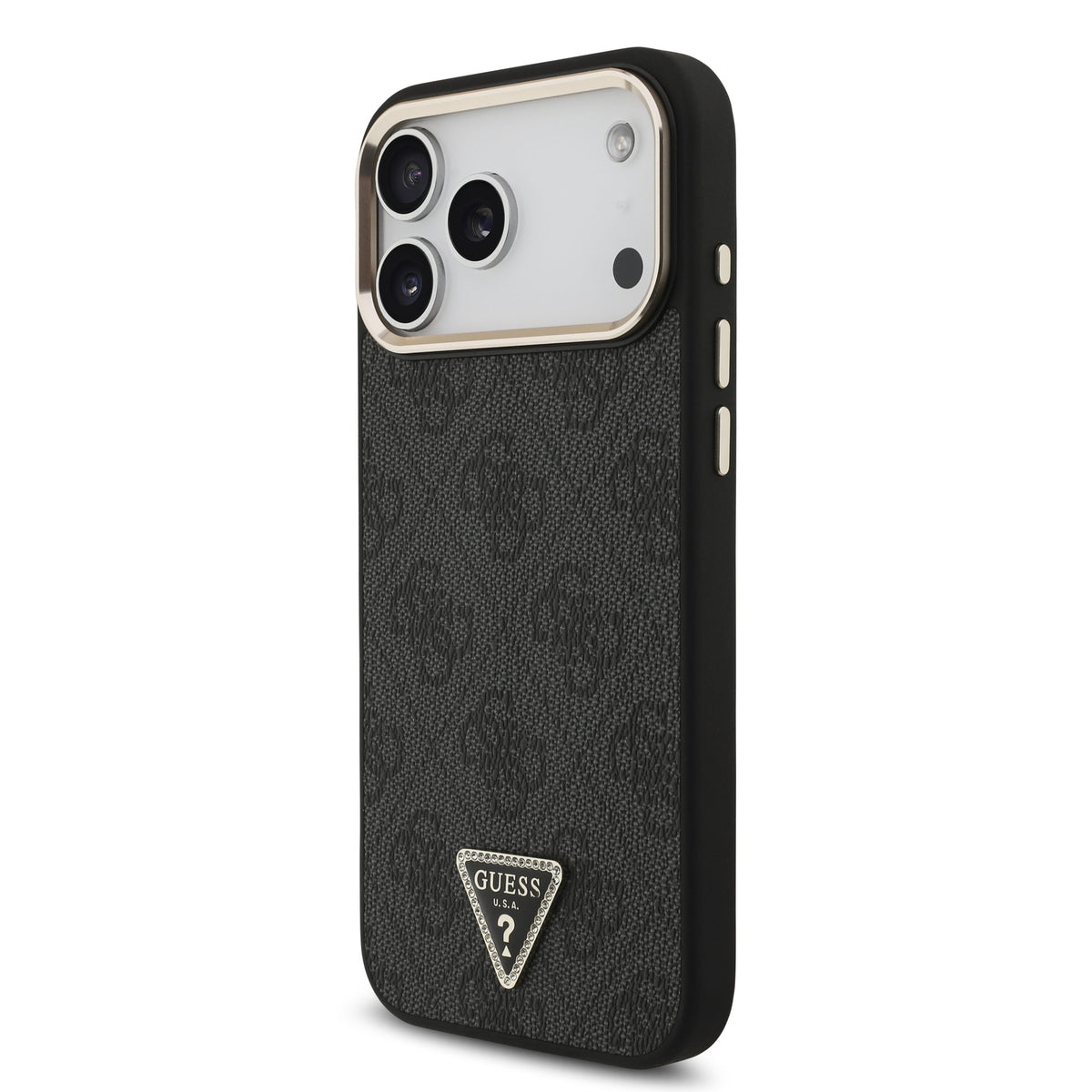 Guess iPhone 17 Pro Max / iPhone 18 Pro Max - Σκληρή Θήκη με Πλαίσιο Σιλικόνης και Επένδυση Συνθετικού Δέρματος - PU Leather 4G Strass Triangle Logo Gold Frame MagSafe - Black