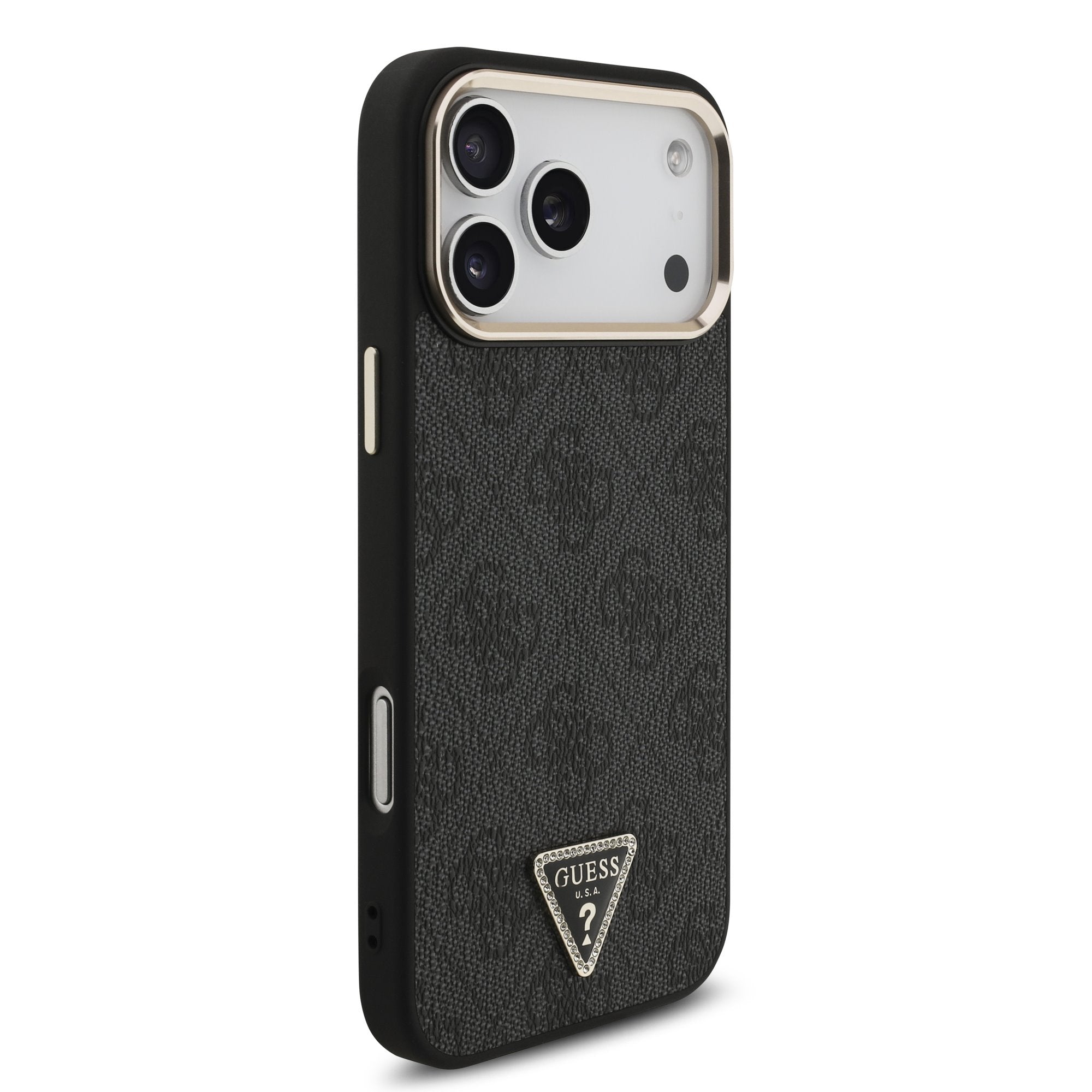Guess iPhone 17 Pro Max / iPhone 18 Pro Max - Σκληρή Θήκη με Πλαίσιο Σιλικόνης και Επένδυση Συνθετικού Δέρματος - PU Leather 4G Strass Triangle Logo Gold Frame MagSafe - Black