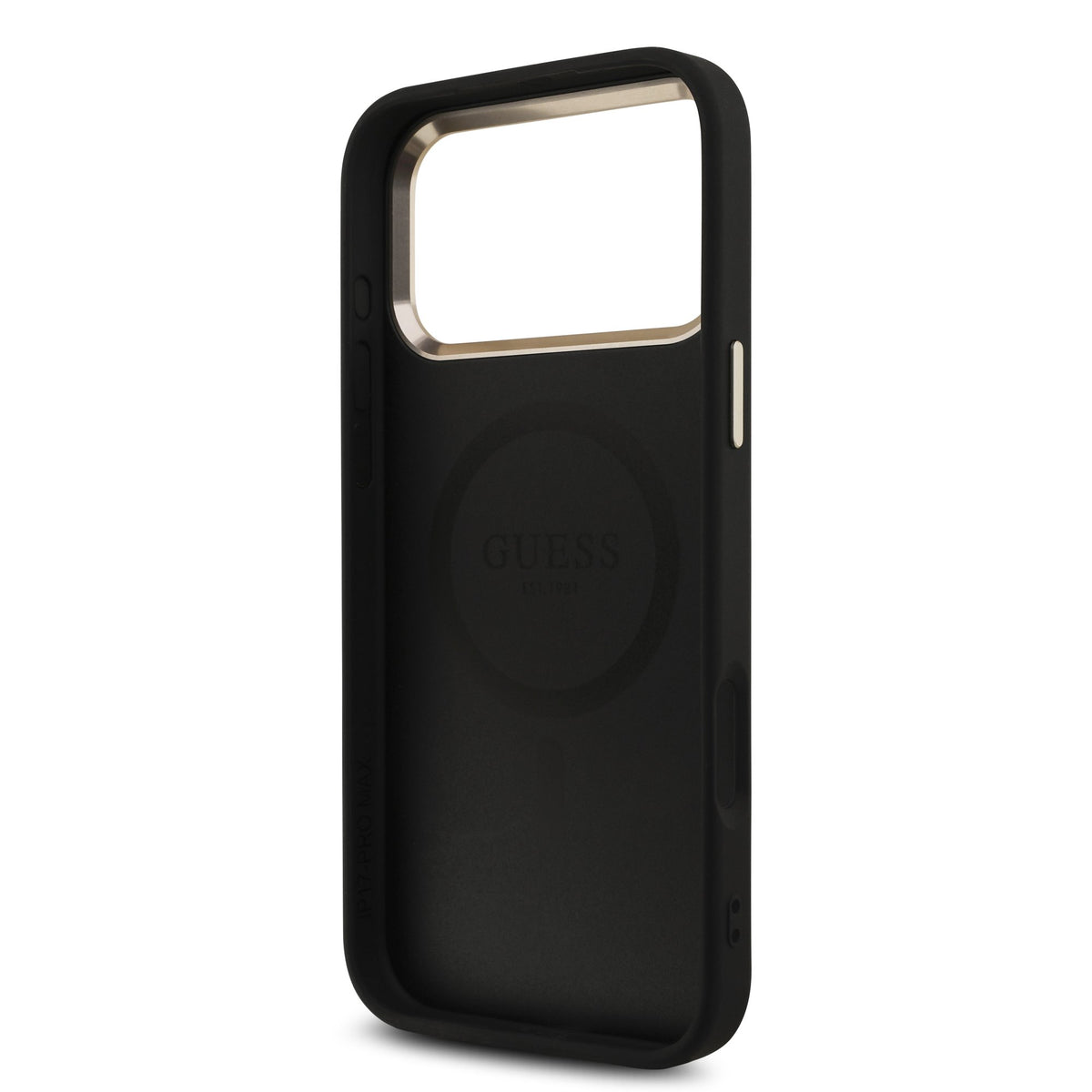 Guess iPhone 17 Pro Max / iPhone 18 Pro Max - Σκληρή Θήκη με Πλαίσιο Σιλικόνης και Επένδυση Συνθετικού Δέρματος - PU Leather 4G Strass Triangle Logo Gold Frame MagSafe - Black