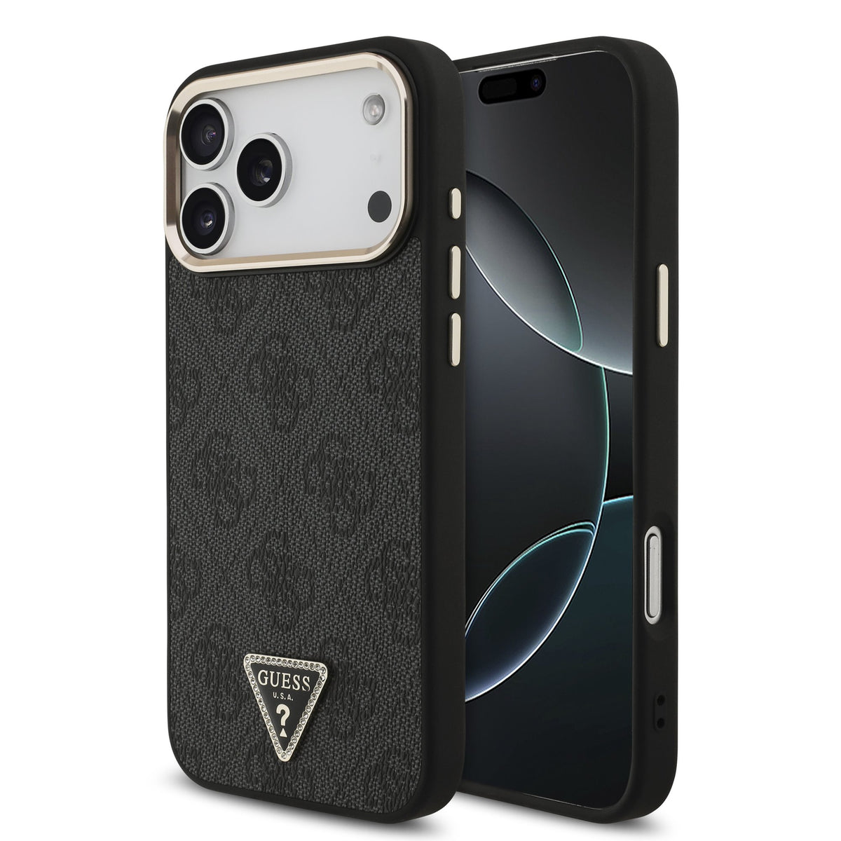 Guess iPhone 17 Pro Max / iPhone 18 Pro Max - Σκληρή Θήκη με Πλαίσιο Σιλικόνης και Επένδυση Συνθετικού Δέρματος - PU Leather 4G Strass Triangle Logo Gold Frame MagSafe - Black