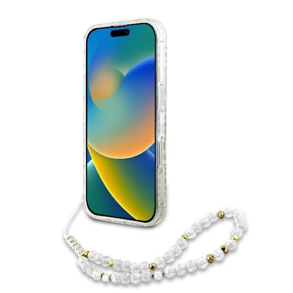 Guess iPhone 16 - IML Flowers Allover Electro With Pearl Strap MagSafe Σκληρή Θήκη με Πλαίσιο Σιλικόνης και Λουράκι - White / Διάφανη - GUHMP16SHCPOFPH