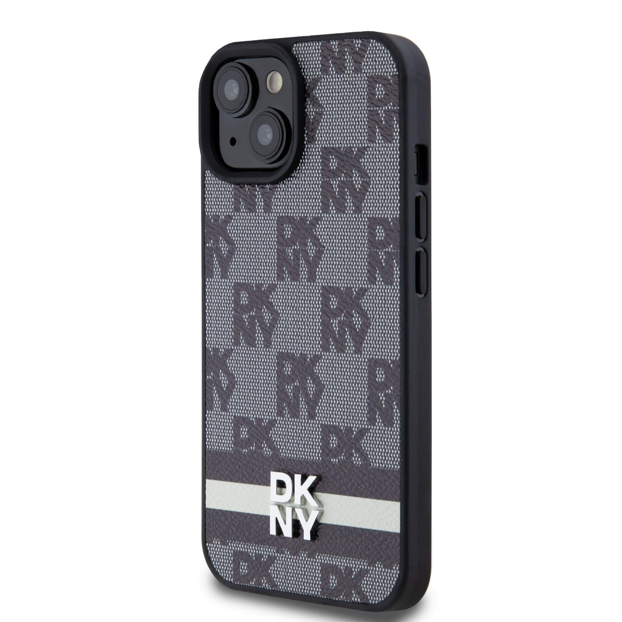DKNY iPhone 15 / 14 / 13 - Leather Checkered Mono Pattern and Printed Stripes - Σκληρή Θήκη με Επένδυση Συνθετικού Δέρματος - Black