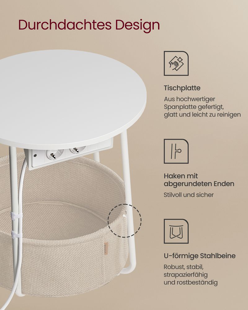 Vasagle Στρόγγυλο Βοηθητικό Τραπέζι με Υφασμάτινο Καλάθι Αποθήκευσης και Ενσωματωμένο Πολύπριζο - Matte White / Camel Brown - LET228W02