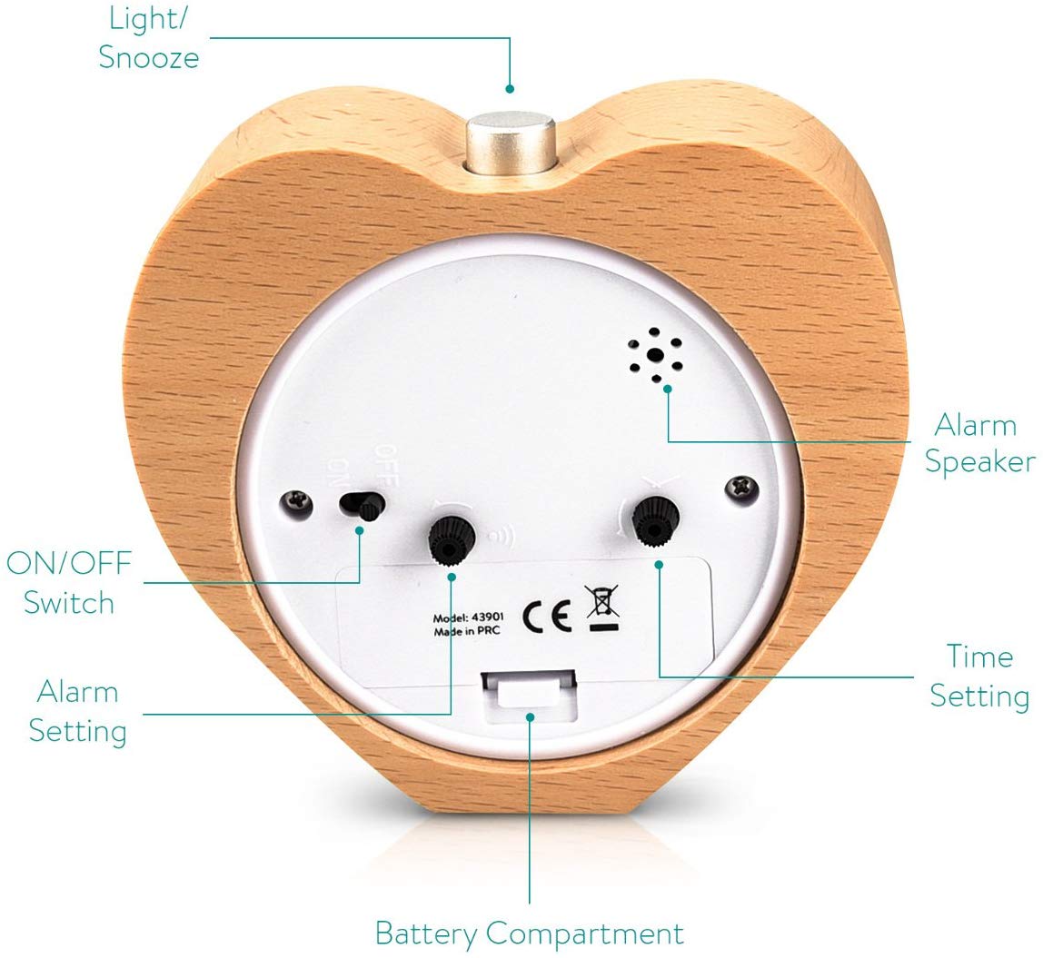 Navaris Analogue Wood Alarm Clock Design Heart - Αναλογικό Επιτραπέζιο Ρολόι και Ξυπνητήρι - Light Brown - 43901