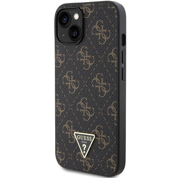 Guess iPhone 15 Plus - 4G Triangle Metal Logo Σκληρή Θήκη με Επένδυση Συνθετικού Δέρματος και Πλαίσιο Σιλικόνης - Black - GUHCP15MPG4GPK
