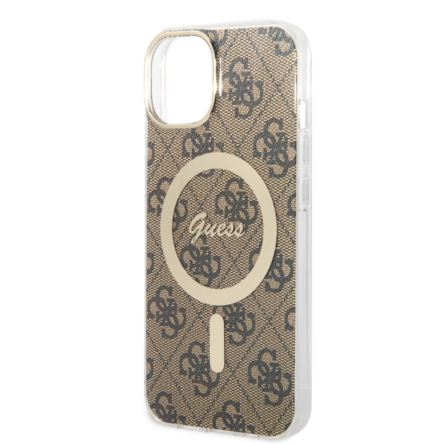 Guess iPhone 15 / 14 / 13 - Bundle Pack - Σετ Σκληρή Θήκη με Πλαίσιο Σιλικόνης και Ασύρματος Φορτιστής MagSafe - Design 4G Print MagSafe - Brown - GUBPP14SH4EACSW