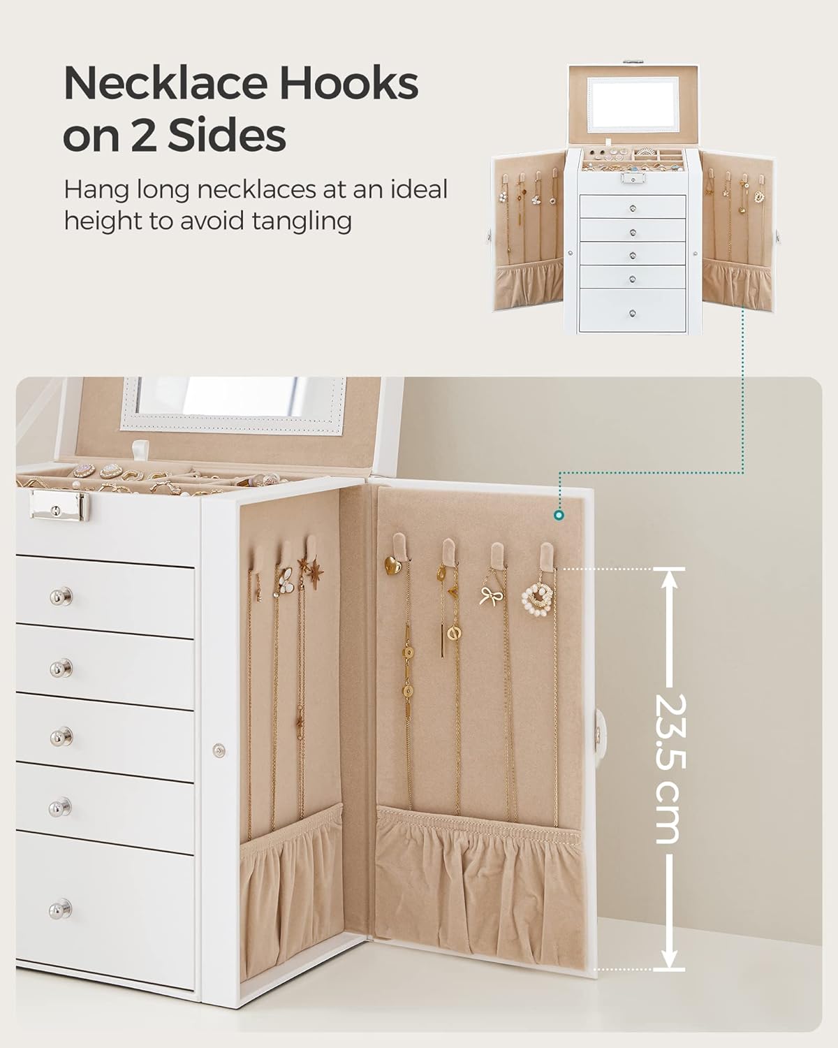 Songmics Κουτί Αποθήκευσης Κοσμημάτων 6 Επιπέδων με Καθρέπτη και Κλειδαριά - White - JBC152W01