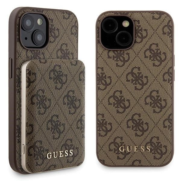 Guess iPhone 15 - 4G Metal Logo Σετ MagSafe Σκληρή Θήκη με Επένδυση Συνθετικού Δέρματος και Powerbank 5000mAh - Brown - GUBPM5P15S4GEMGW