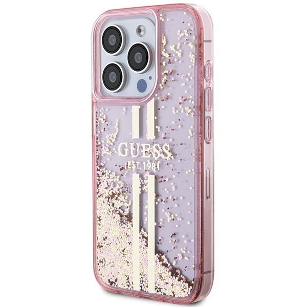 Guess iPhone 15 Pro Max Liquid Glitter Gold Stripes Σκληρή Θήκη με Πλαίσιο Σιλικόνης - Pink - GUHCP15XLFCSEGP