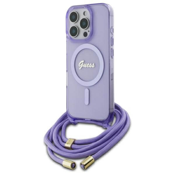 Guess iPhone 16 Pro Max - Crossbody Cord Script MagSafe - Σκληρή Θήκη με Πλαίσιο Σιλικόνης και Λουράκι - Purple - GUHMP16XHCTSGNSU