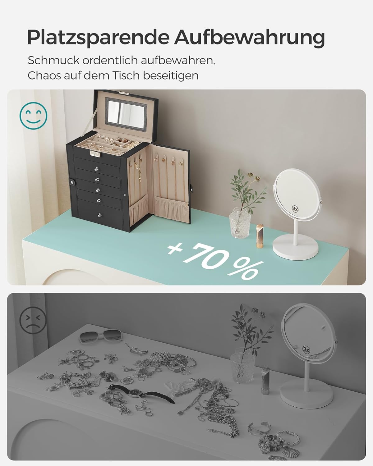 Songmics Φορητό Κουτί Αποθήκευσης Κοσμημάτων 6 Επιπέδων με Καθρέπτη - Black - JBC152B01