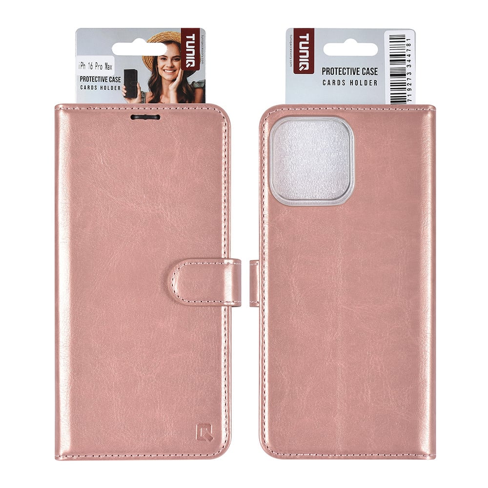 Tuniq iPhone 16 Pro Max - Θήκη Πορτοφόλι Stand από Δερματίνη - Rose Gold