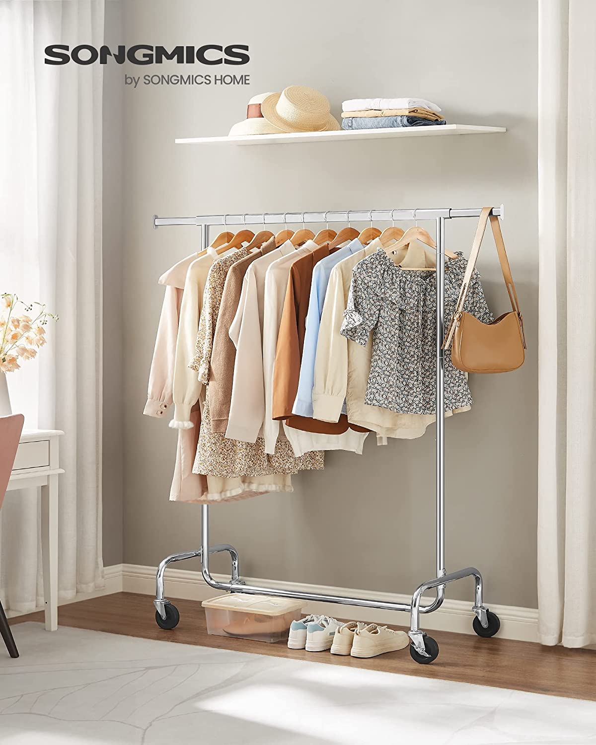 Songmics Τροχήλατη Επεκτεινόμενη Κρεμάστρα Δαπέδου - Ράγα Ρούχων - Silver - HSR11SV2
