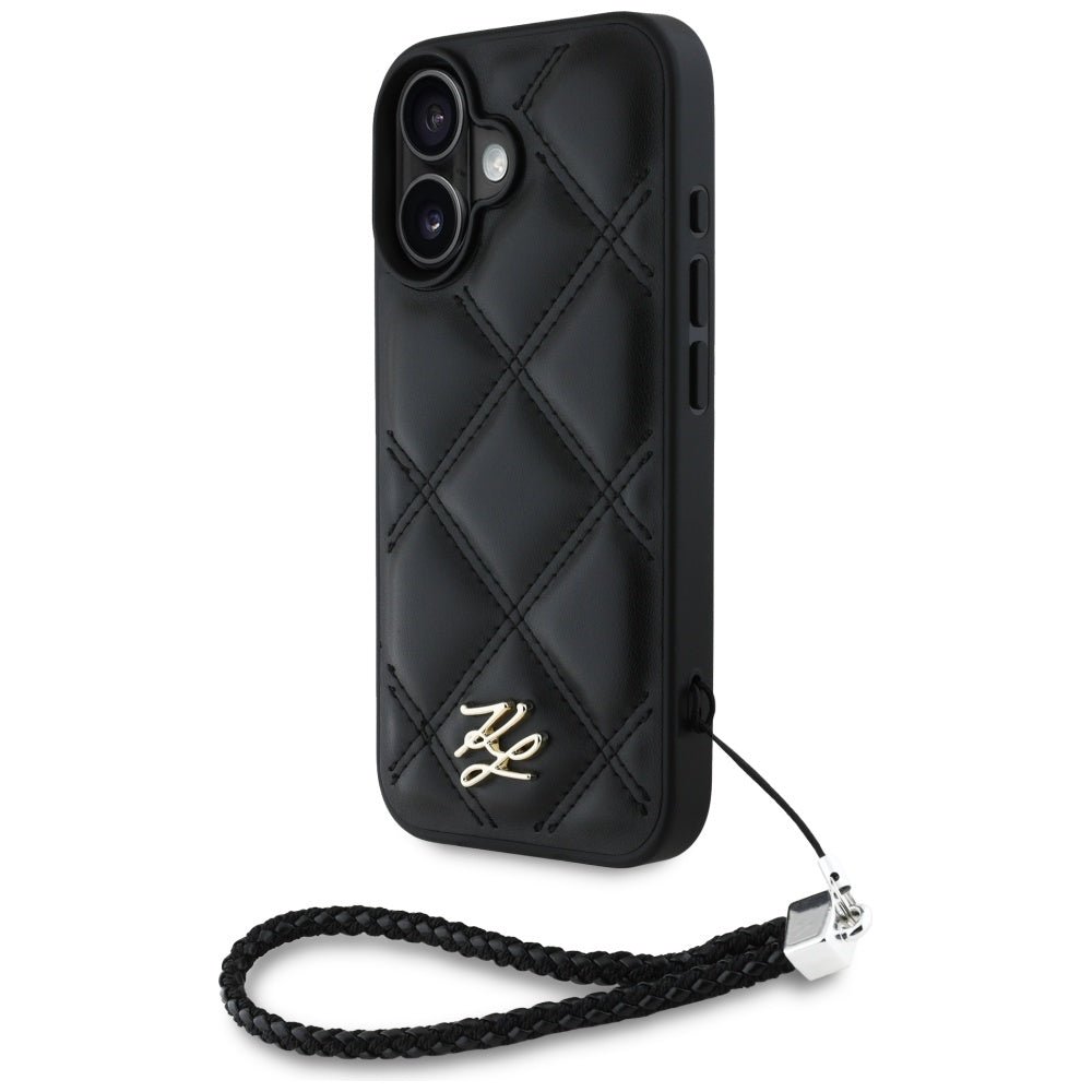 Karl Lagerfeld iPhone 16 - Quilted Initial Logo and Chain Strap - Θήκη με Επένδυση Συνθετικού Δέρματος και Λουράκι - Black - KLHCP16SPSQSKLSMSK