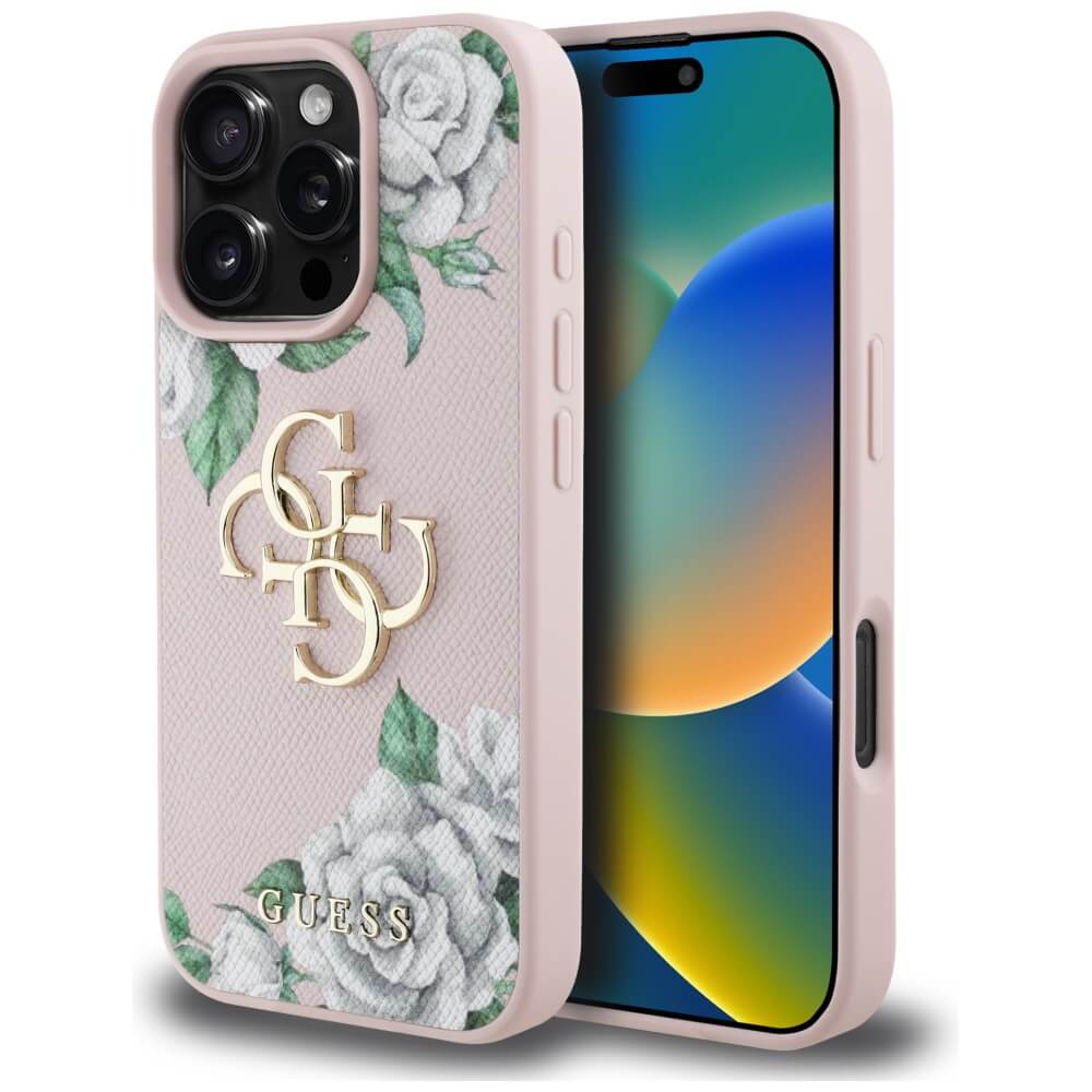 Guess iPhone 16 Pro Max - Grained Roses Big 4G Logo - Σκληρή Θήκη με Επένδυση από Οικολογικό Δέρμα - Pink - GUHCP16XPGROP4MP