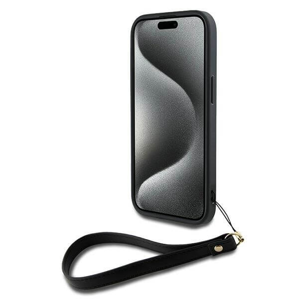 DKNY iPhone 15 Plus - Wrist Strap Stock Logo - Σκληρή Θήκη με Επένδυση Συνθετικού Δέρματος με Λουράκι - Black