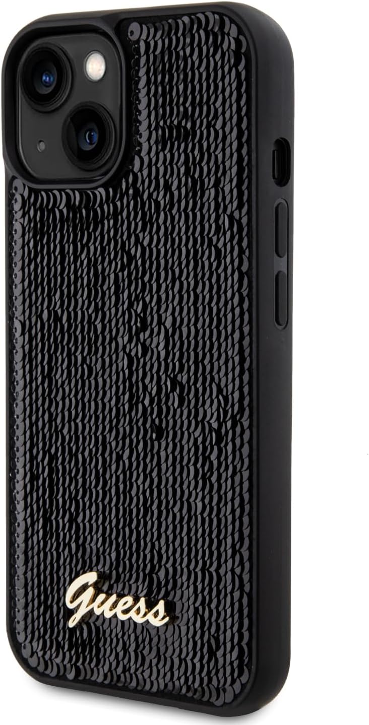 Guess iPhone 15 - Sequin Script Metal Σκληρή Θήκη με Επένδυση από Παγέτες - Black - GUHCP15SPSFDGSK