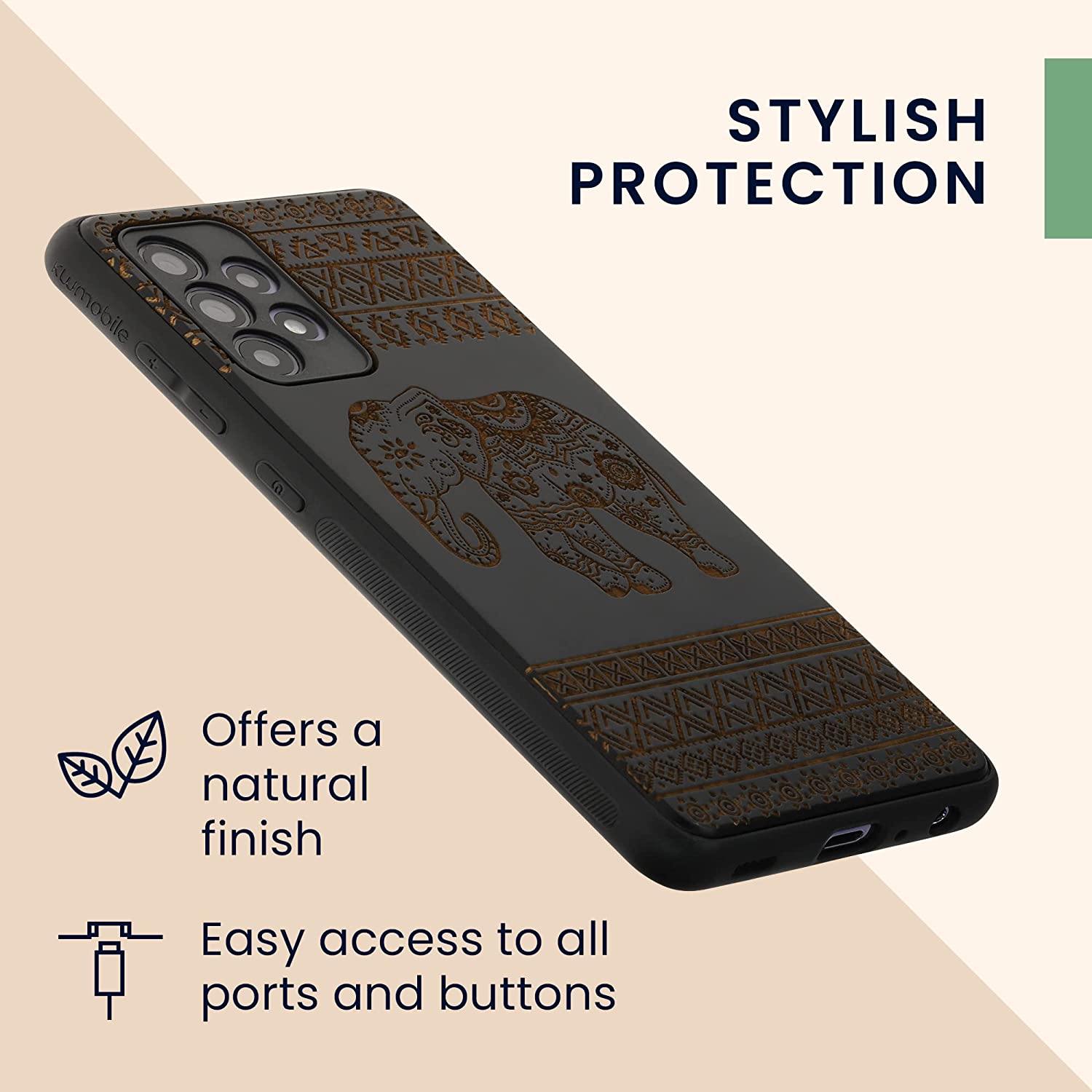 KW Samsung Galaxy A52 / A52 5G / A52s 5G Θήκη από Φυσικό Ξύλο - Design Wooden Elephant with Pattern - Light Brown / Black - 54354.10