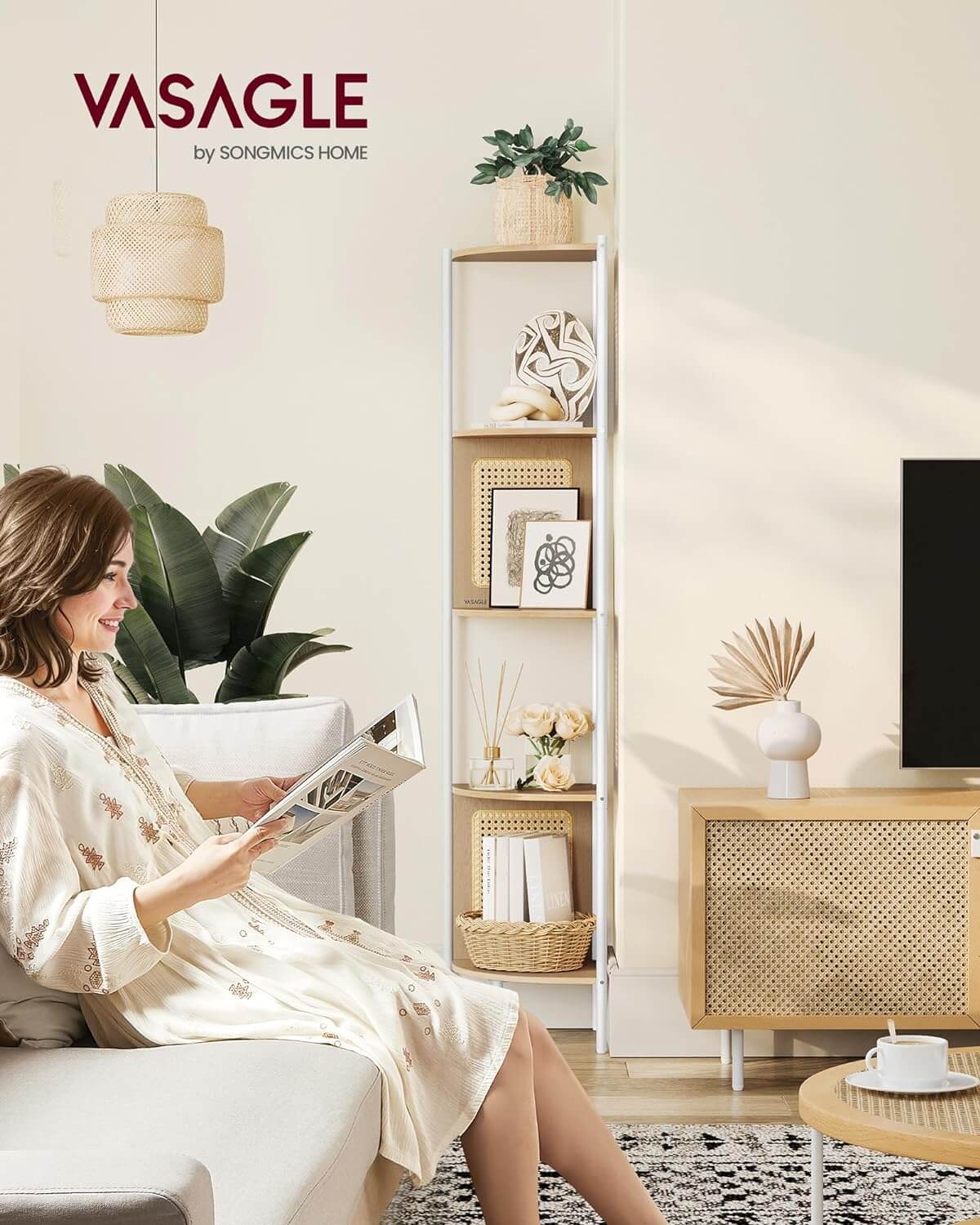 Vasagle Γωνιακή Ραφιέρα 5 Ραφιών με Πλαϊνά Πάνελ από Συνθετικό Rattan και Μεταλλικό Σκελετό - 31.9 x 31.9 x 156.4 cm - Oak Beige - LLS588Y57