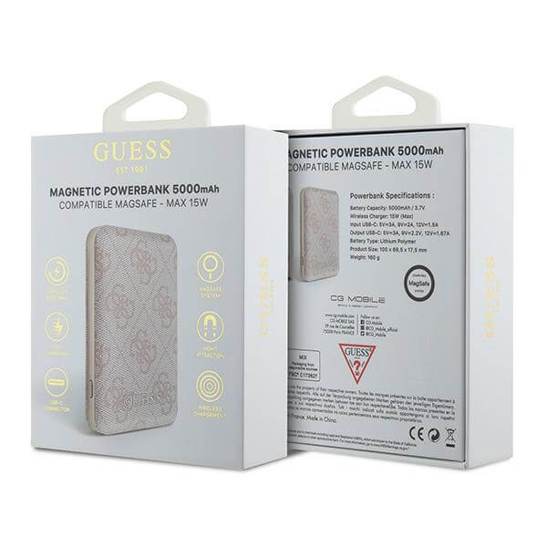 Guess PowerBank 15W - MagSafe 4G Leather Metal Logo - 5000 mAh - Pink - GUPB5FP4EMGP