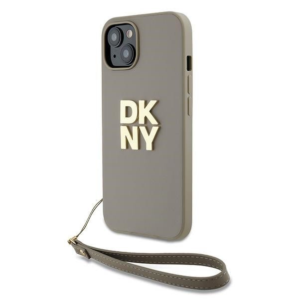 DKNY iPhone 15 / 14 / 13 - Wrist Strap Stock Logo - Σκληρή Θήκη με Επένδυση Συνθετικού Δέρματος με Λουράκι - Beige