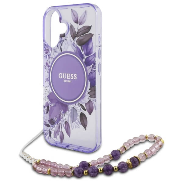 Guess iPhone 16 - IML Flowers With Pearl Strap MagSafe - Σκληρή Θήκη με Πλαίσιο Σιλικόνης και Λουράκι - Purple - GUHMP16SHFWBRCESU