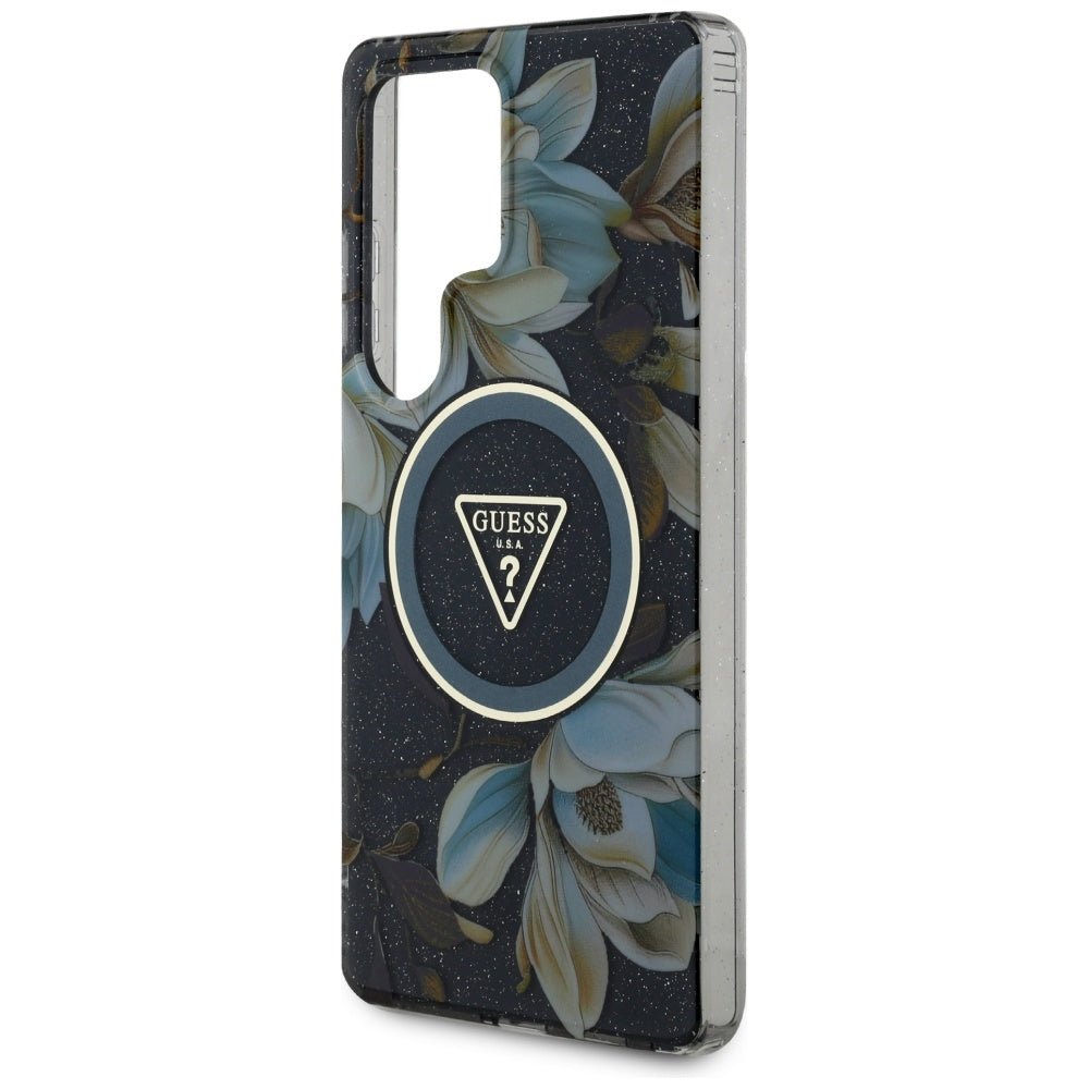 Guess Samsung Galaxy S25 Ultra - Glitter Flowers Triangle Buttons MagSafe - Σκληρή Θήκη με Πλαίσιο Σιλικόνης - Black - GUHMS25LHFLPEDK