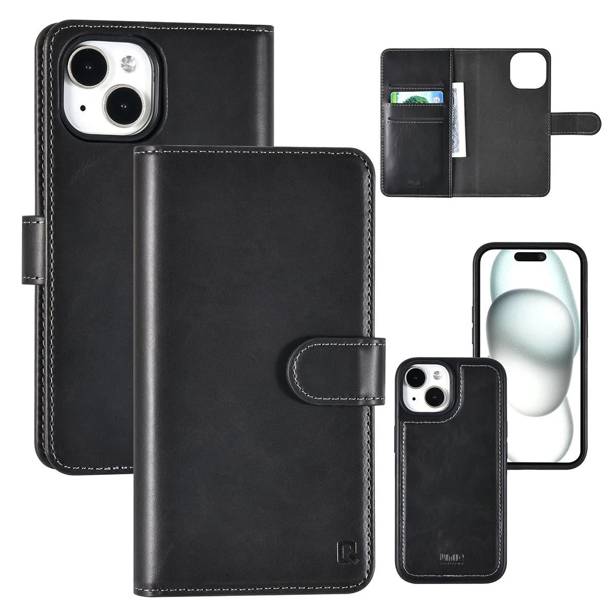 Tuniq iPhone 15 - 2 σε 1 - Θήκη Πορτοφόλι από Δερματίνη με Αποσπώμενη Θήκη - Μαύρη