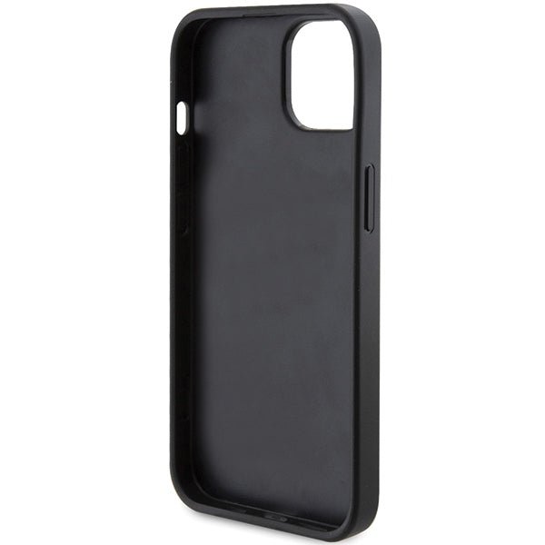 Guess iPhone 15 Plus - 4G Triangle Metal Logo Σκληρή Θήκη με Επένδυση Συνθετικού Δέρματος και Πλαίσιο Σιλικόνης - Black - GUHCP15MPG4GPK