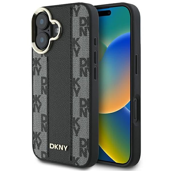 DKNY iPhone 16 Plus - Checkered Pattern - MagSafe Σκληρή Θήκη με Επένδυση Συνθετικού Δέρματος - Black