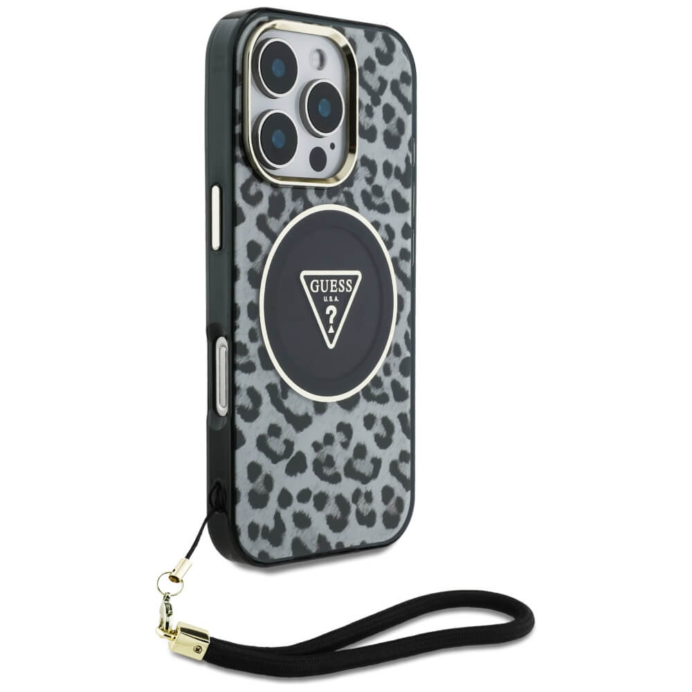Guess iPhone 16 Pro - HC IML Leopard Triangle Cord Strap MagSafe - Σκληρή Θήκη με Πλαίσιο Σιλικόνης και Λουράκι - Black - GUHMP16LHLORSSK