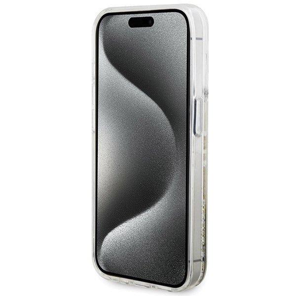 Guess iPhone 15 Pro Max Liquid Glitter Gold Stripes Σκληρή Θήκη με Πλαίσιο Σιλικόνης - Διάφανη - GUHCP15XLFCSEGT