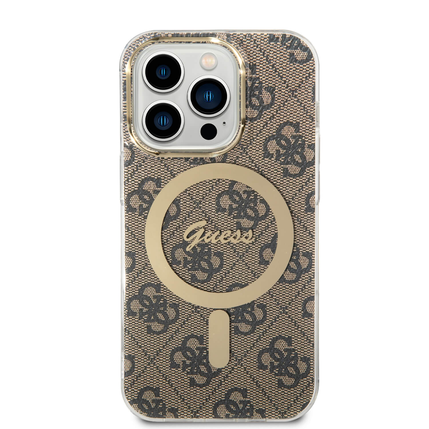 Guess iPhone 14 Pro - Bundle Pack MagSafe - Σετ Σκληρή Θήκη με Πλαίσιο Σιλικόνης και Ασύρματος Φορτιστής MagSafe - Design 4G and Gold - Brown - GUBPP14LH4EACSW