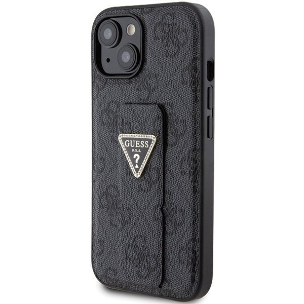 Guess iPhone 15 Grip Stand 4G Triangle Strass Logo Θήκη με Επένδυση Συνθετικού Δέρματος και Stand - Black - GUHCP15SPGS4TDK