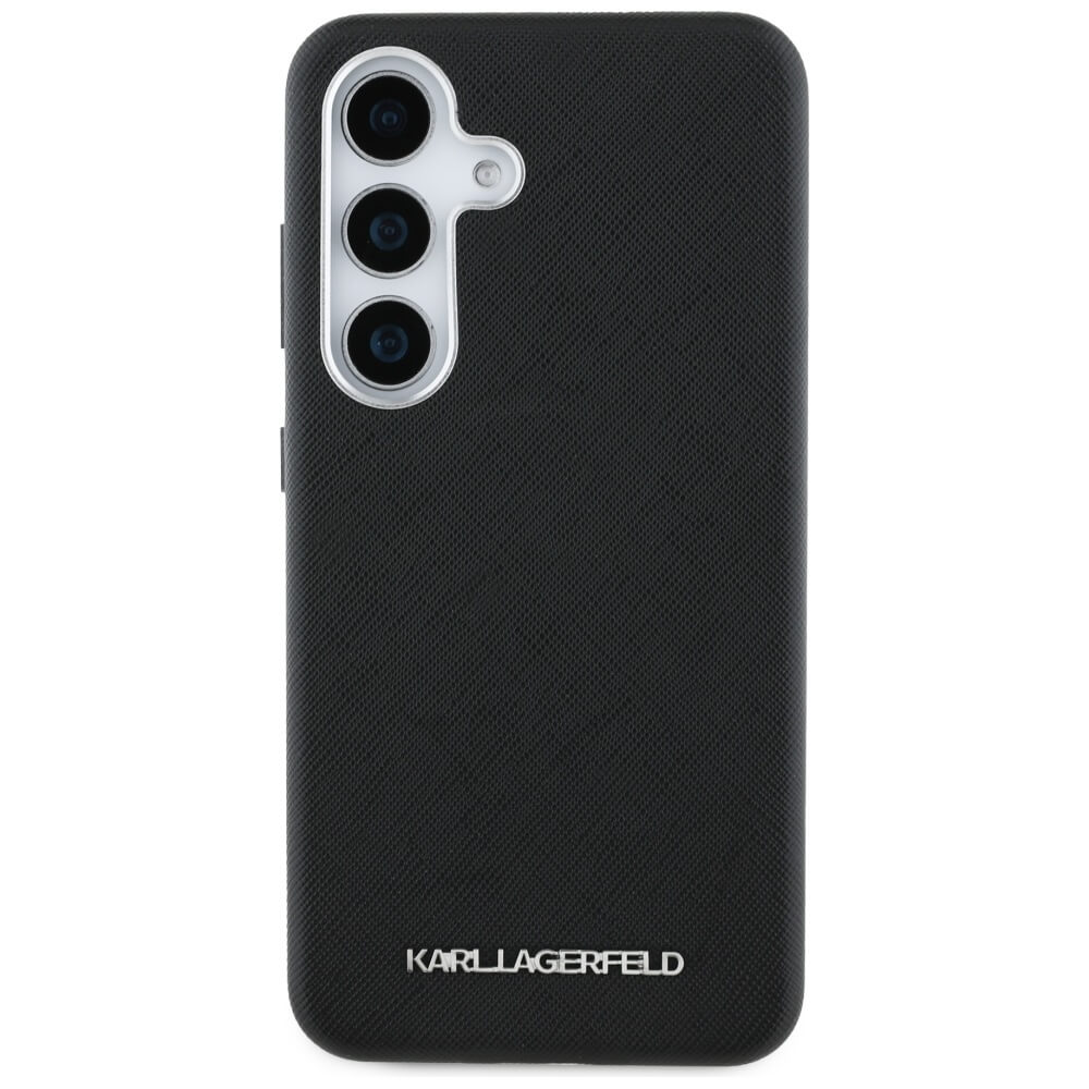 Karl Lagerfeld Samsung Galaxy S25 - Saffiano Full Wrapped Elongated Metal Logo - MagSafe Σκληρή Θήκη με Επένδυση Συνθετικού Δέρματος και Πλαίσιο Σιλικόνης - Black - KLHMS25SPSAFWMCK