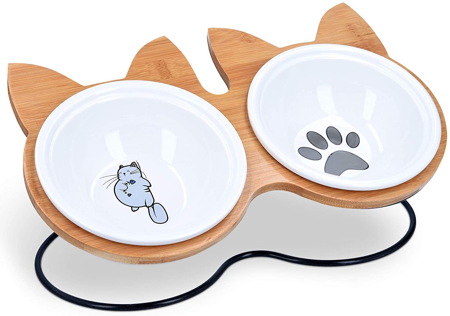 Navaris Ceramic Cat Bowls with Wood Stands - Σετ με 2 Μπολ Φαγητού και Νερού 383ml με Βάση από Μπαμπού και Μέταλλο για Κατοικίδια - Brown - 51991.01