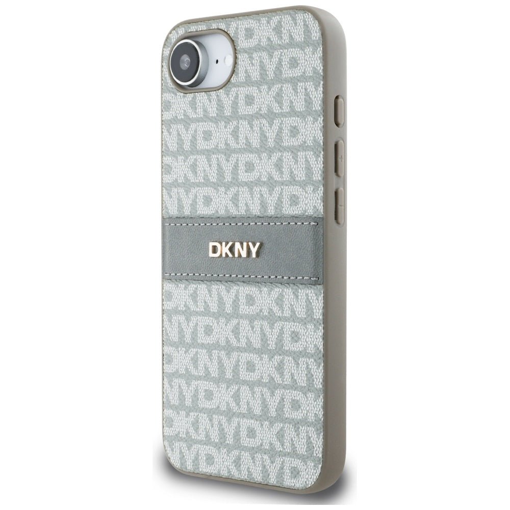 DKNY iPhone 16e - Repeat Texture Pattern with Tonal Stripe - Σκληρή Θήκη με Πλαίσιο Σιλικόνης και Επένδυση Συνθετικού Δέρματος - Beige