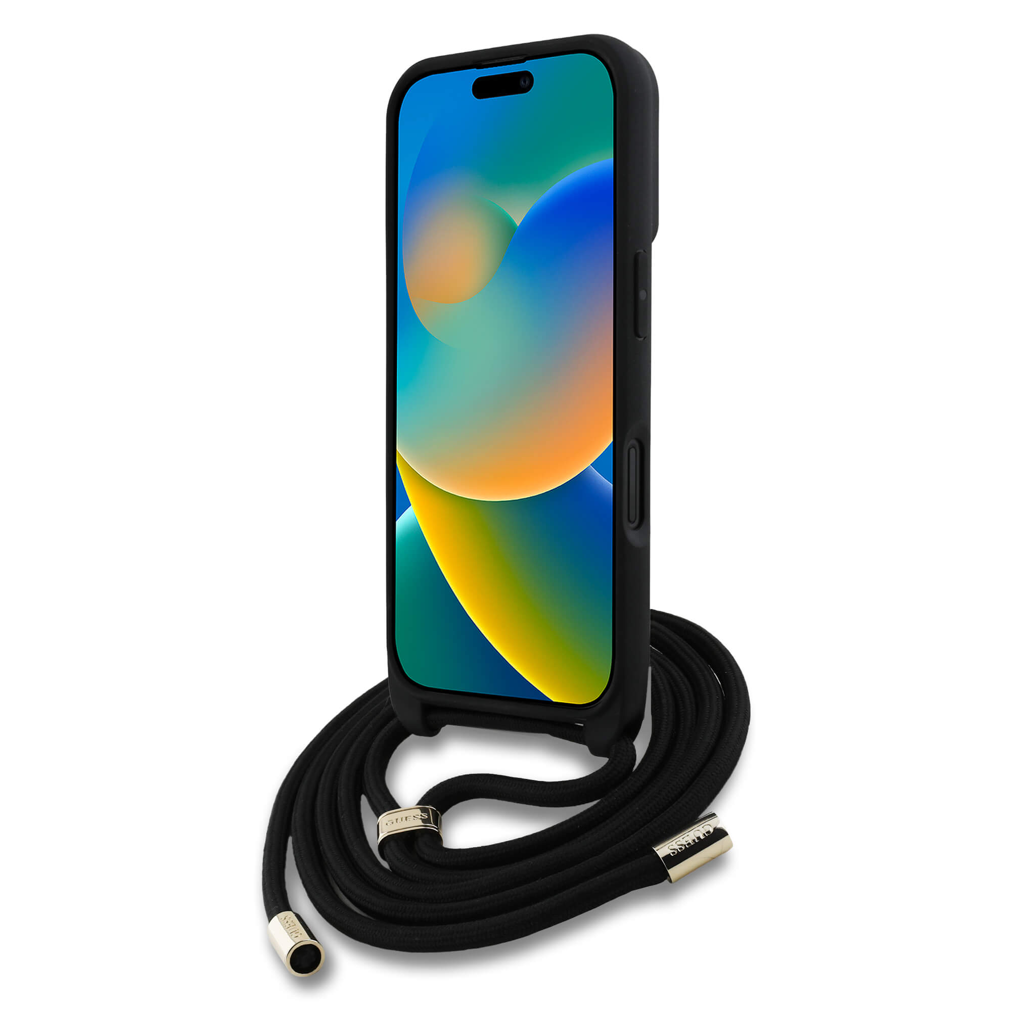 Guess iPhone 16 - 4G Big Logo Cord Stap Crossbody - Θήκη με Επένδυση Συνθετικού Δέρματος και Λουράκι - Black - GUHCP16SP4GMGCRK
