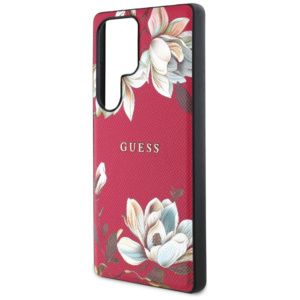 Guess Samsung Galaxy S25 Ultra - Grained Printed Flower Pattern - Θήκη με Επένδυση Συνθετικού Δέρματος και MagSafe - Fuchsia - GUHMS25LPGNMPLMF