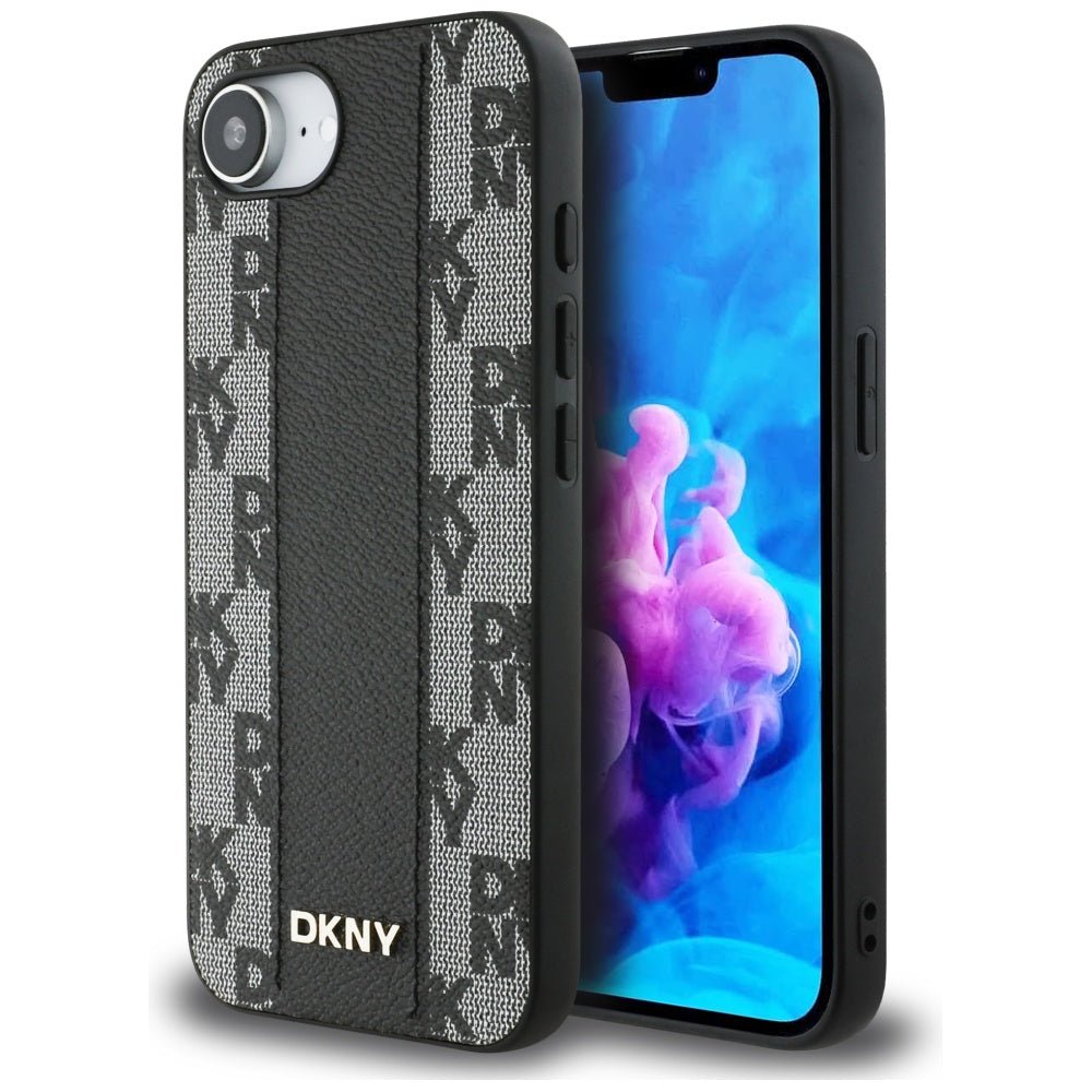 DKNY iPhone 16e - Leather Checkered Mono Pattern MagSafe Σκληρή Θήκη με Επένδυση Συνθετικού Δέρματος - Black