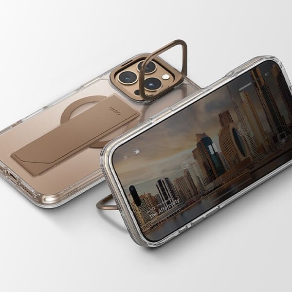 Uniq iPhone 16 Pro - Heldro Max - MagSafe Σκληρή Θήκη με Πλαίσιο Σιλικόνης και Finger Holder - Taupe Gold